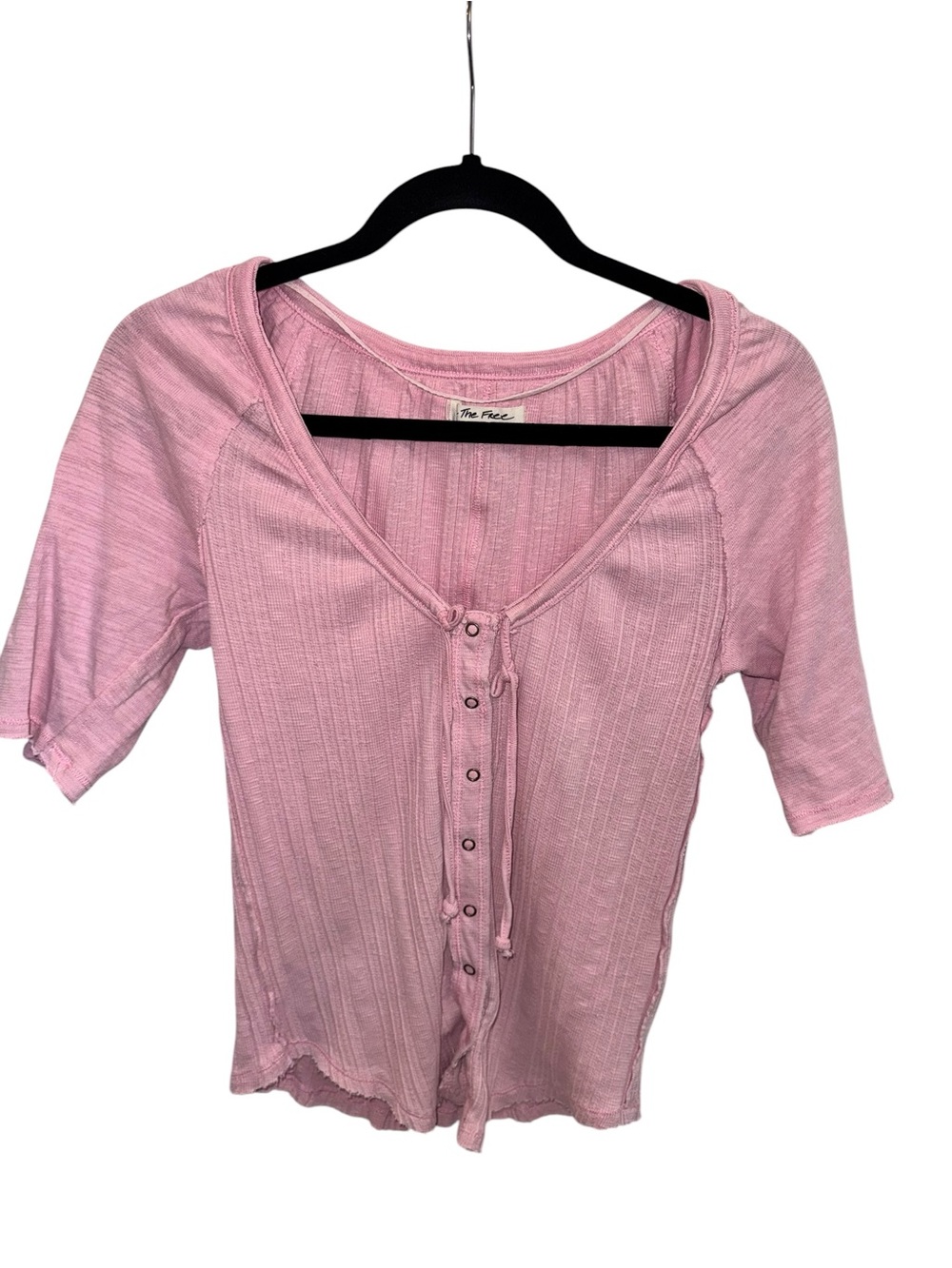 We The Free Pink Ribbed Button-Front Short Sleeve Top